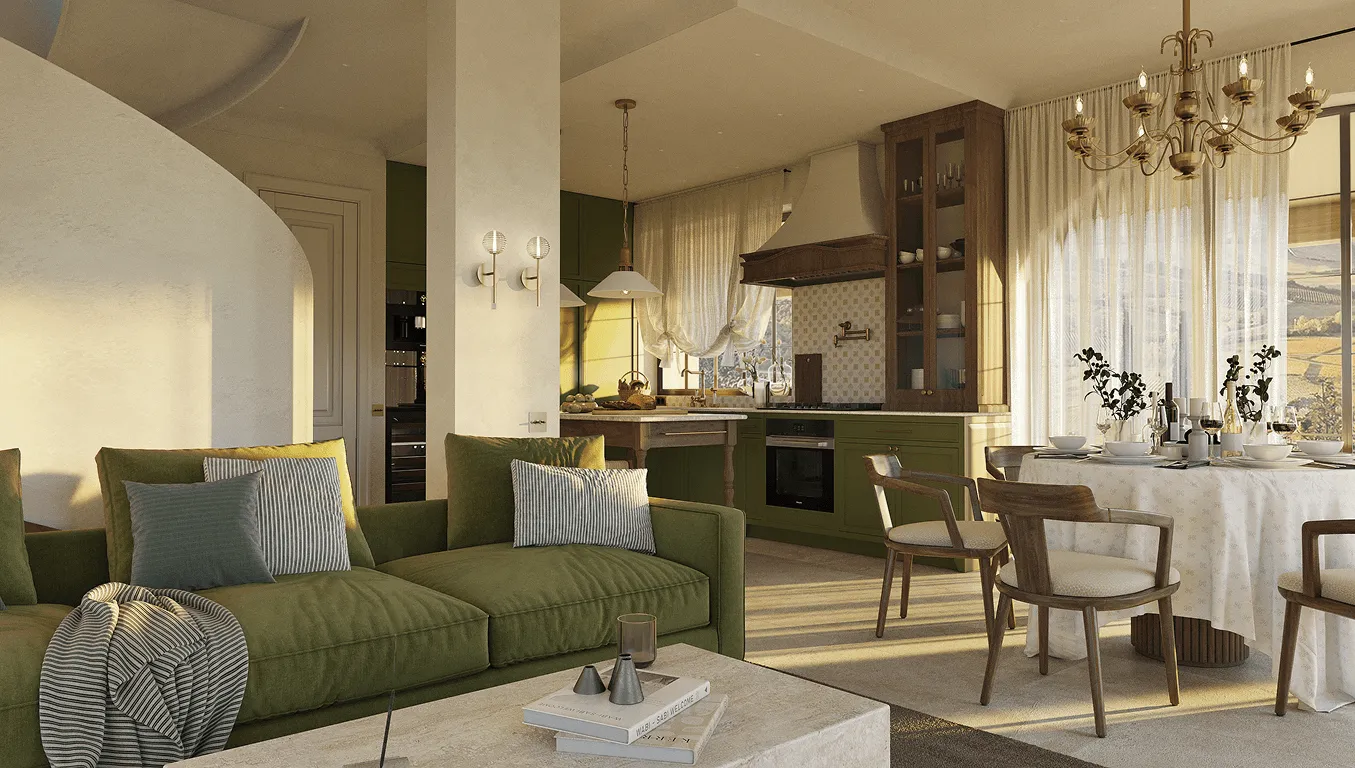 An Italian villa kitchen with a stone island under warm evening light