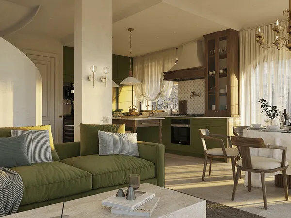 An Italian villa kitchen with a stone island under warm evening light
