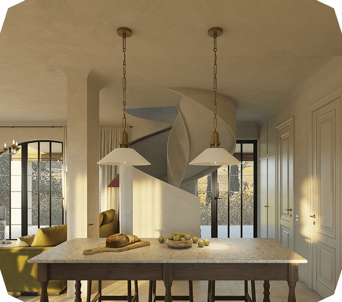 Modern kitchen with stone countertop and spiral staircase