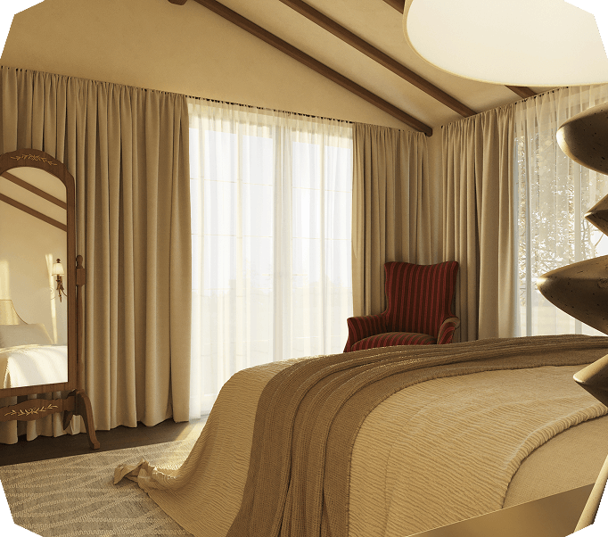 Bedroom with beige curtains and brown upholstered headboard