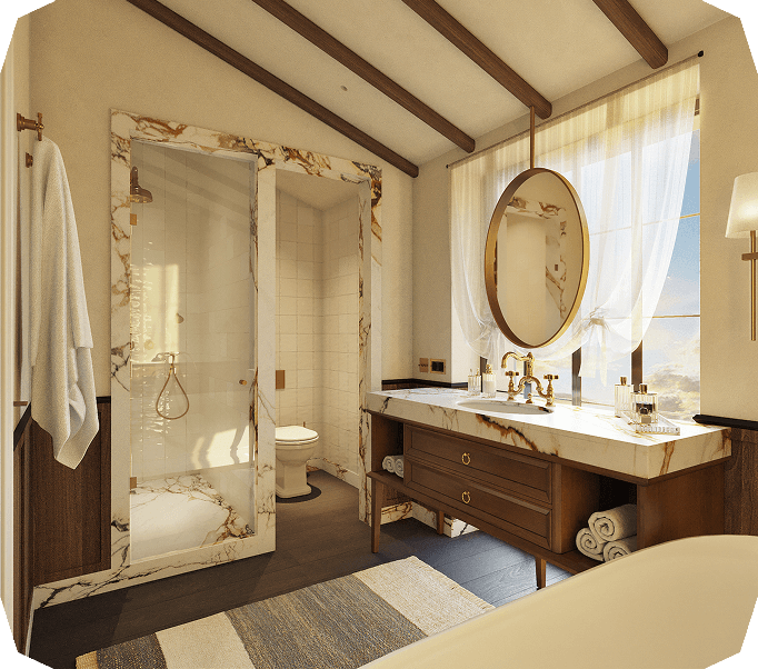 Luxurious marble bathroom with wooden vanity