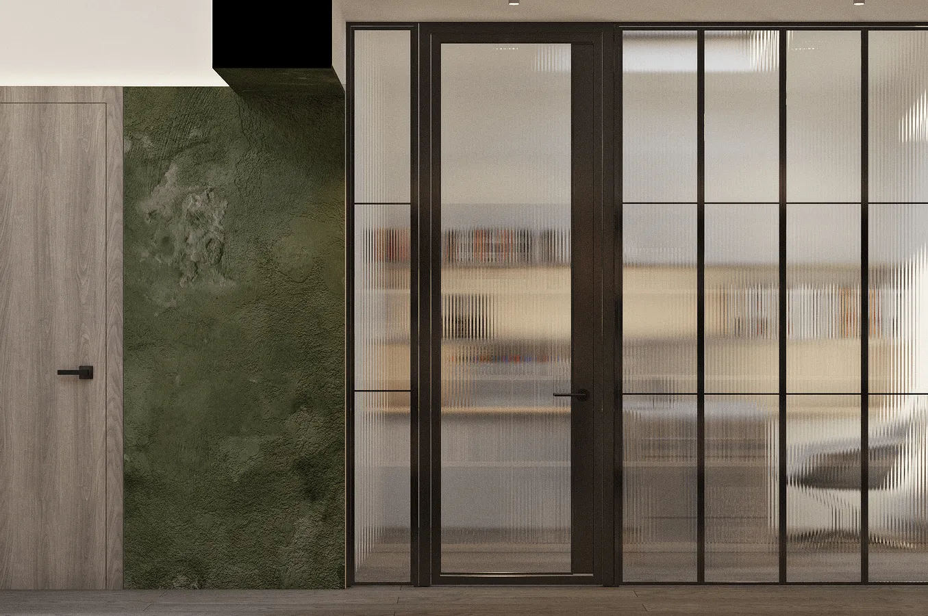 Glass partition doors against the green plaster wall