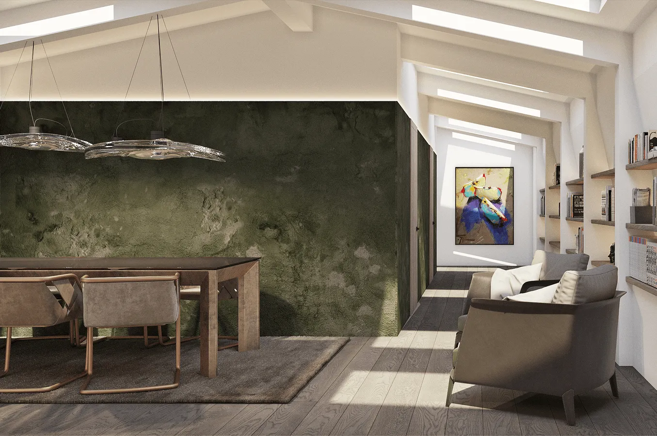 Meeting zone with oval table, upholstered chairs and the green accent wall