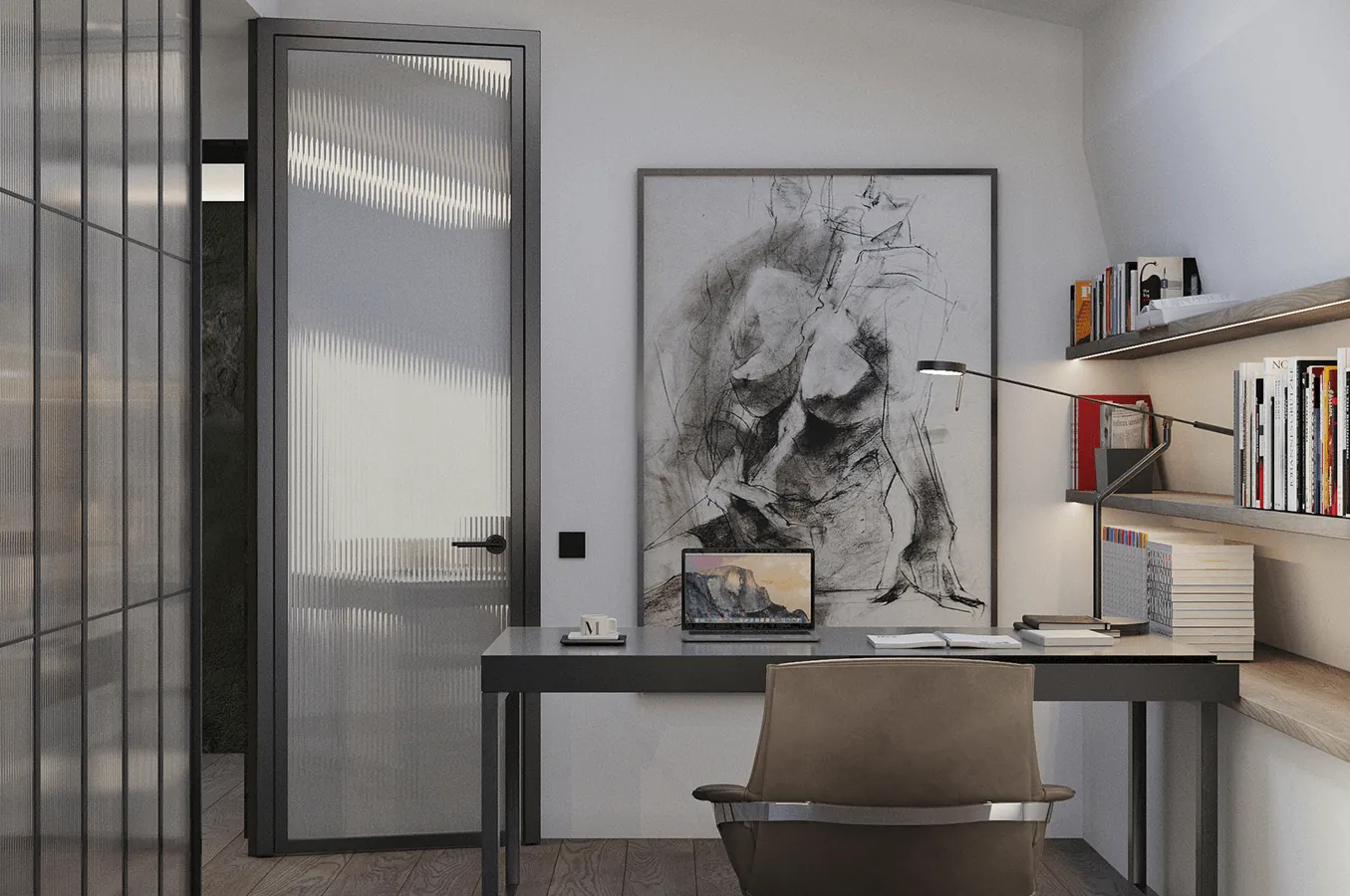 Workspace with floor-to-ceiling shelving and framed artwork