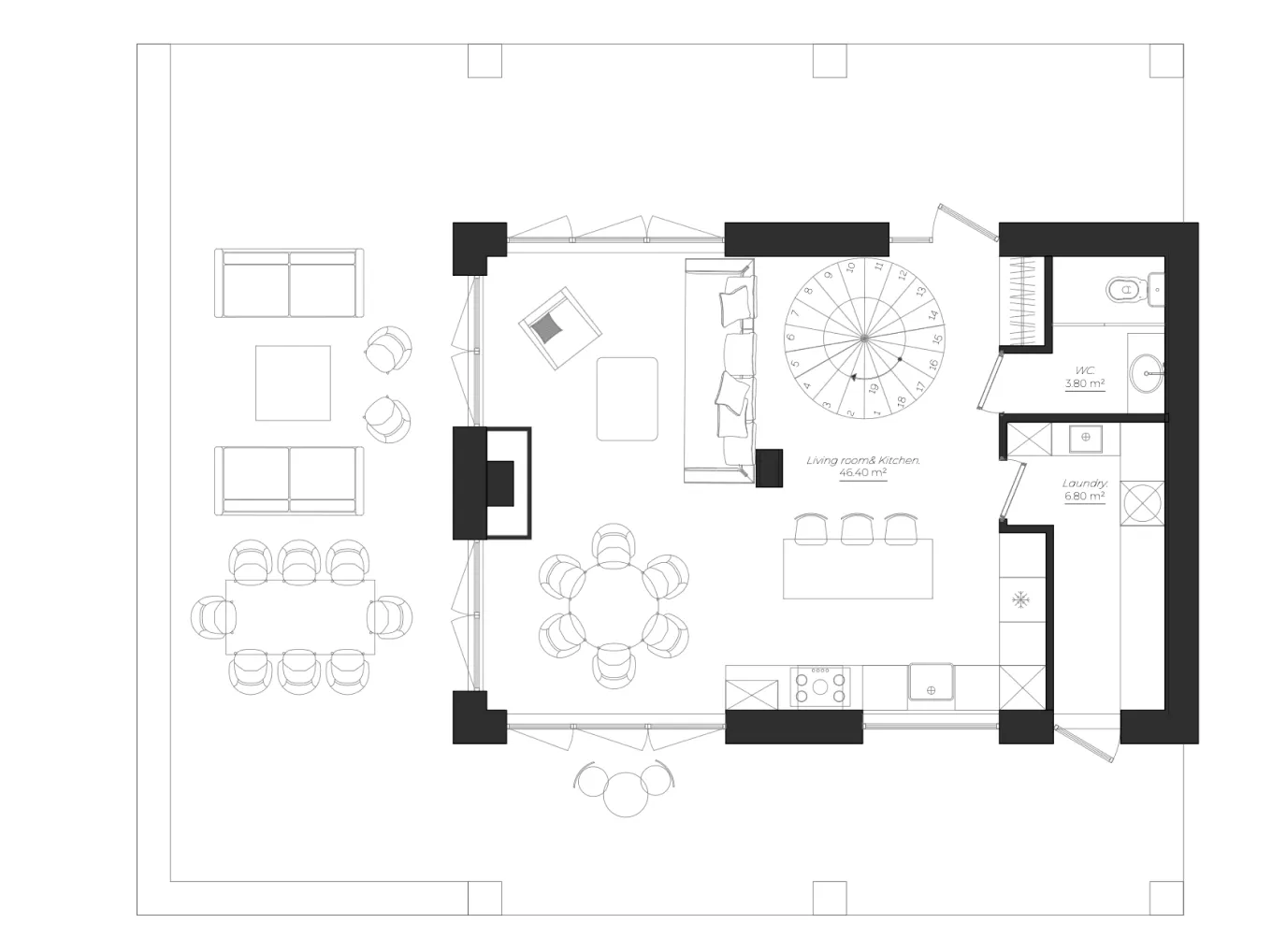 Penthouse floor plan showing living area, kitchen, spiral staircase and outdoor seating and dining zones