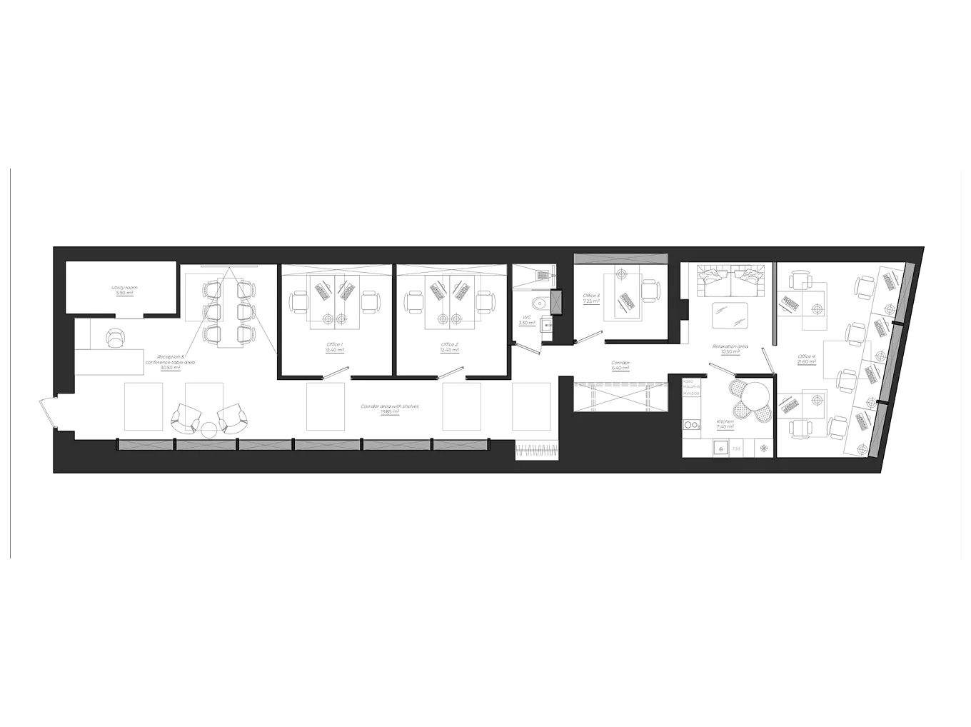 Studio Verde floor plan — narrow office layout with reception, conference area, four offices, kitchen and relaxation zone
