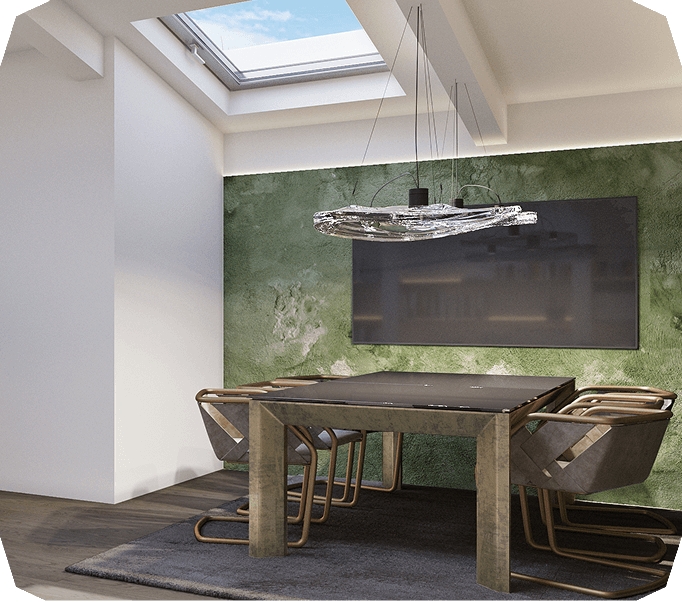 Modern meeting room with green accent wall and skylight
