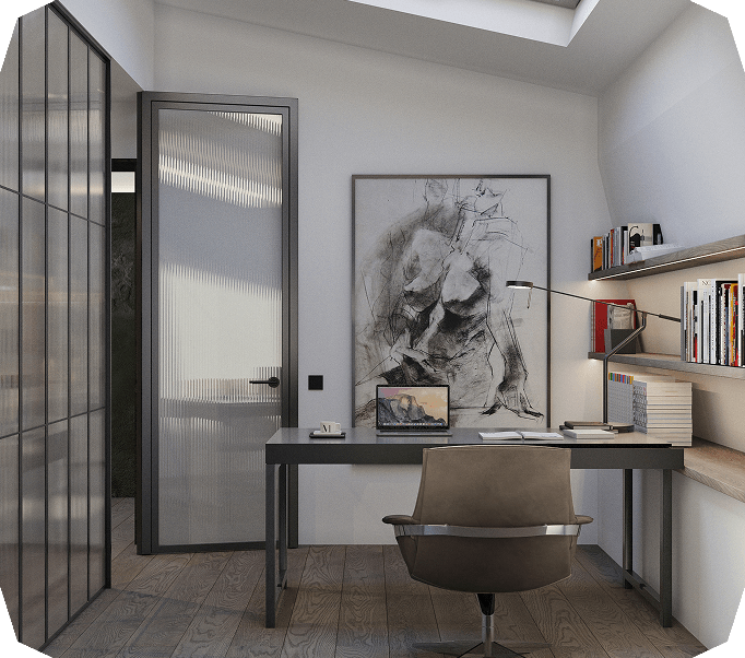 Minimalist office with abstract art and leather chair